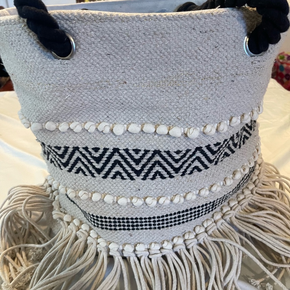 Boho Fringe Tote Bag with Black and White Pattern